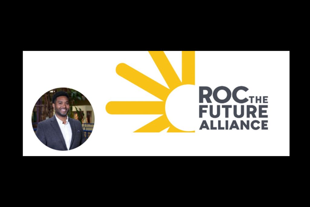 Headshot of Brian Lewis next to logo of ROC which has a graphic of a sun with long rays