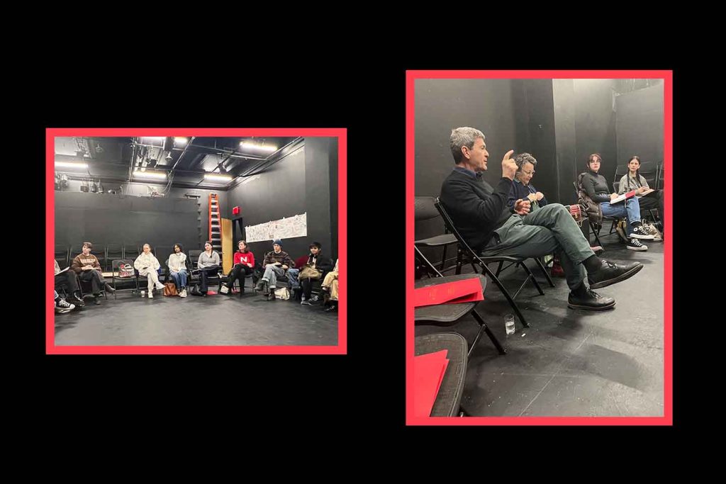 Two images: In one, a group of students sits in the round on the stage of a black box theater; in the other, a poet gestures while speaking to the group