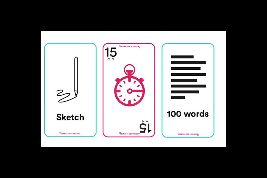3 cards from Journalism + Design's Playful Tools for Thinking and Doing: one card shows a pencil drawing a squiggle and says "Sketch;" the next shows a stopwatch and the text "15 min;" and the last shows a simplified bar chart with no data and the text "100 words."