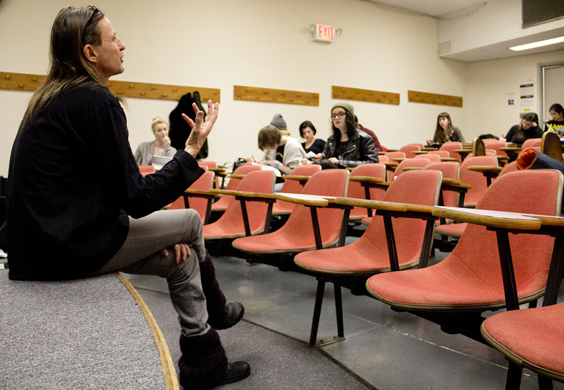 Culture and media professor Ken Wark leads a discussion on James Joyce in his Introduction to Cultural Studies course last month. Photo by Kasia Broussalian/The New School.