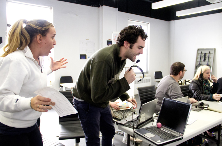 New School for Drama actors rehearse a scene from Matt Herzfeld's The Ladder in preparation for the annual New Voices Playwrights Festival, beginning this Thursday. Photo by Kasia Broussalian/The New School.