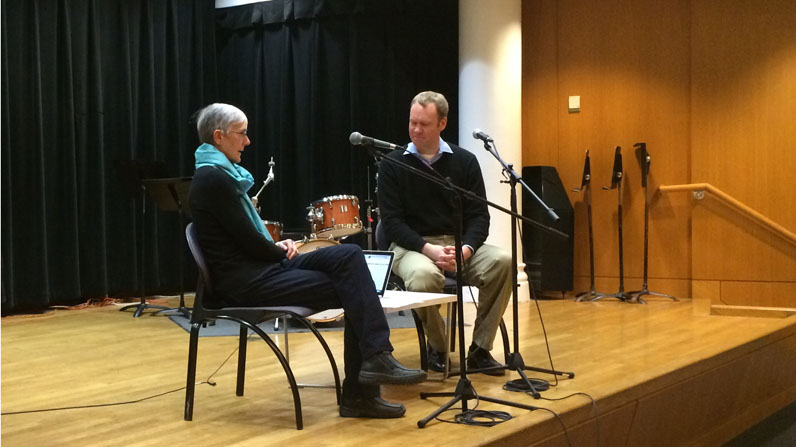 New York University Professor of Music Suzanne G. Cusick and Make Music New York President Aaron Friedman talked during the recent Make Music Monthly event. Photo by Clara Schumacher.