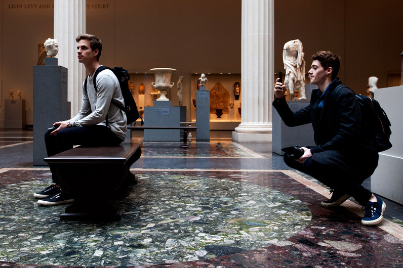 Parsons School of Design student Finn Harries (right) photographs during the #EmptyMet tour on Friday, April 17. Photo by Kasia Broussalian/ The New School 