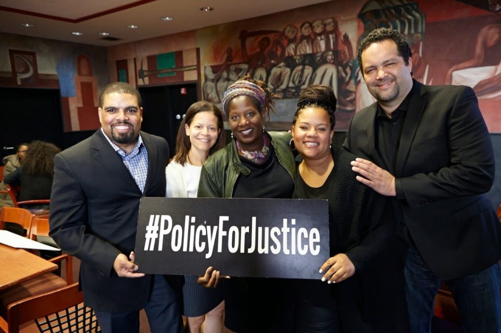 (L to R): Milano faculty Darrick Hamilton and Juliet Ellis with dean Michelle DePass and Henry Cohen Lecture Series presenters, Phaedra Ellis-Lamkins and
Ben Jealous. Social justice has always been a  central component of the graduate school's mandate. Photo by Matthew Septimus.