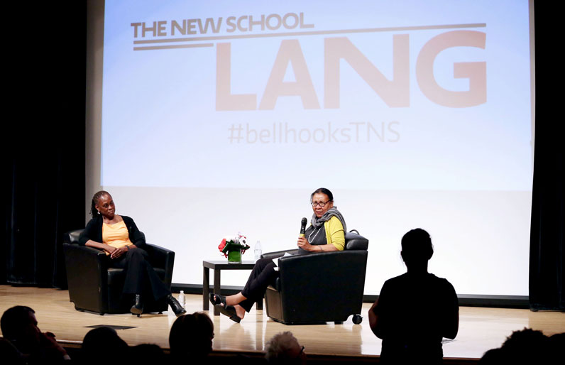 bell hooks leads a discussion with New York City First Lady Chirlane McCray during hooks' three-year residency at Eugene Lang College. Photo by Jonathan Grassi.