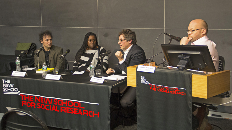 Jeremy Varon, Associate Professor of History at NSSR; Deva Woodly, Assistant Professor of Politics at NSSR; Jonathan Soros, Chief Executive Officer of JS Capital Management LLC and co-founder of Friends of Democracy, a super PAC and advocacy organization dedicated to reducing the influence of money in politics; and Adam Davidson of National Public Radio's 