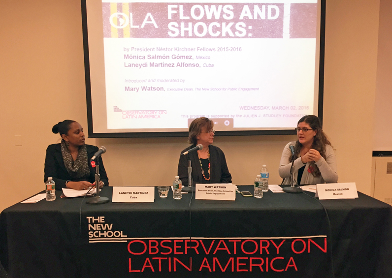 President Nestor Kirchner (PNK) Spring 2016 Fellowship awardees Monica Salmon Gomez (left) and Laneydi Martinez (right) speak with Mary Watson, dean of the Schools of Public Engagement at the Observatory on Latin America event Flows and Shocks.