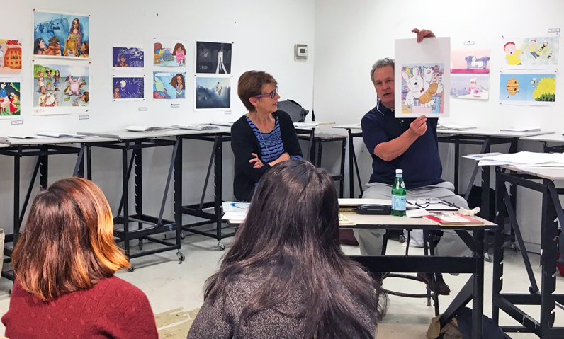 Barbara Lalicki, former editor in chief of a host of publishers, most recently HarperCollins, and Steve Herb, illustrator/author of children's picture books, review work by students in Patricia Cummings' Children's Book Illustration.