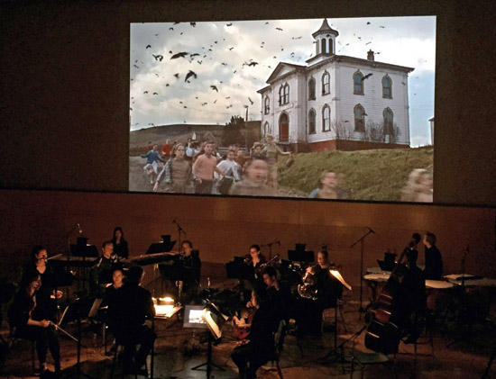 College of Performing Arts Theater Orchestra perform Jazz student Nathan Kamal's original score to <br>Alfred Hitchcock’s The Birds at the third edition of (Un)Silent Film Night.