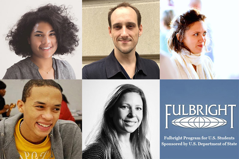 Clockwise from left: New Schoolers Alexandra Vasquez, Edward Wilcox, Ryan Reid, Nelson De Jesus Ubri, and Rebecca Hollender have been named Fulbright U.S. Student Finalists.