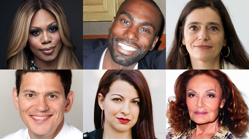 Clockwise from left: Laverne Cox, DeRay Mckesson, Mercedes Doretti, David Miliband, Anita Sarkeesian, and Diane von Furstenberg have been named honorary degree recipients by The New School.