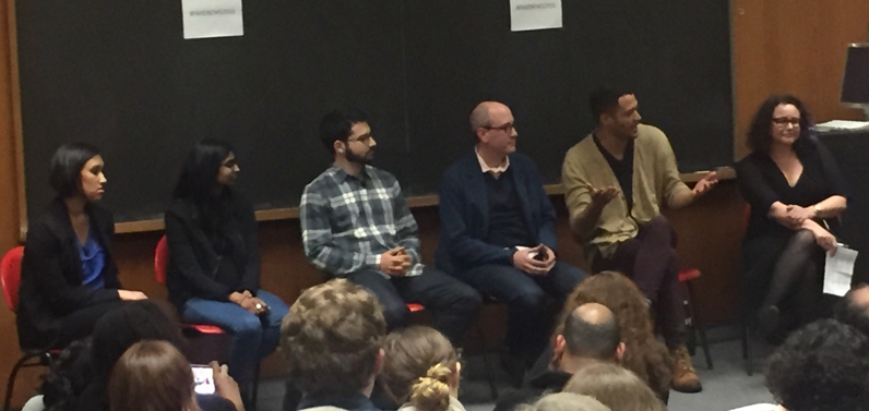 Members of the panel, from L-R: Naureen Khan, Sanya Dosani, Dan Amira, Daniel Radosh, Cord Jefferson, and Moderator Brooke Gladstone.