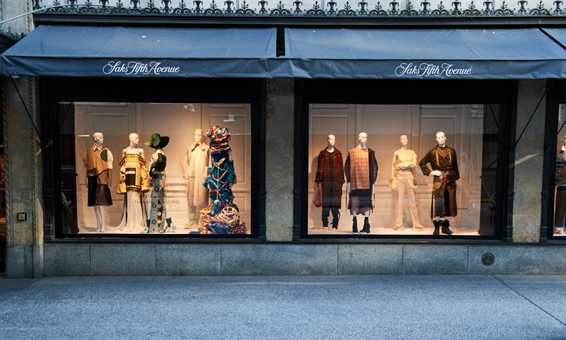 The Saks Fifth Avenue windows on E. 50th street feature pieces from graduating BFA Fashion Design students.