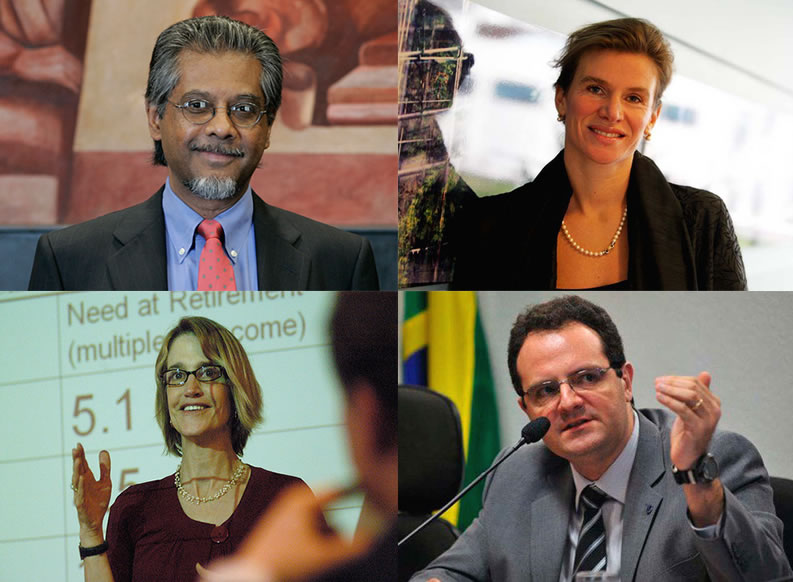 Clockwise from bottom left: Economics Department faculty members Teresa Ghilarducci and Anwar Shaikh; and alumni Mariana Mazzucato and Nelson Barbosa.