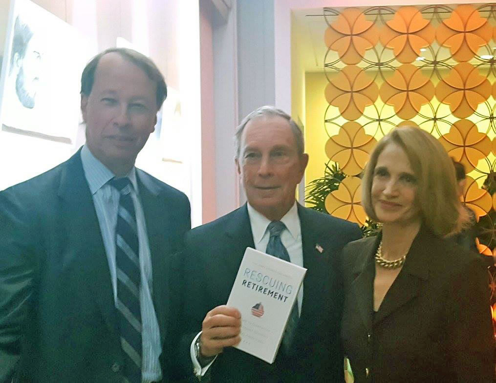 Hamilton “Tony” James, Michael Bloomberg, and Teresa Ghilarducci at the launch of 