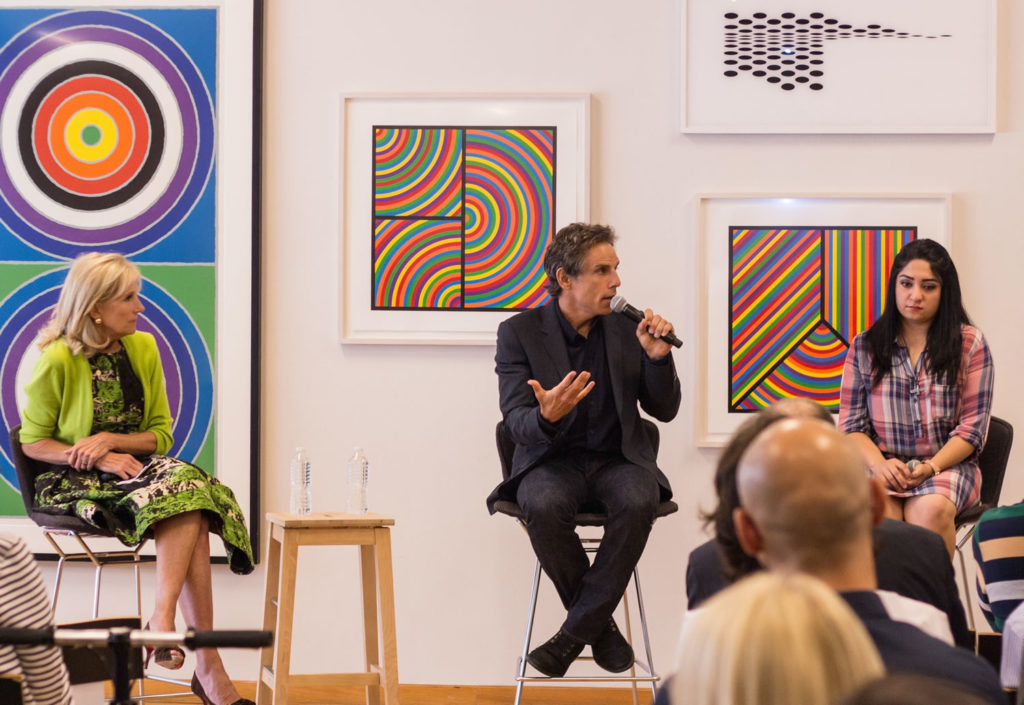 Dr. Jill Biden, Second Lady of the United States; Ben Stiller, actor, director, and advocate; and Faiza Gareb, a Syrian refugee, at Making Media That Matters: Amplifying Stories of Refugees.