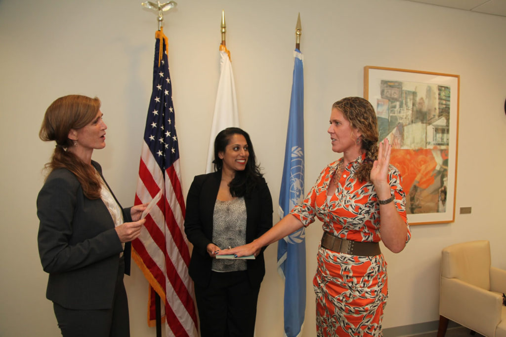 Samantha Power, United States Ambassador to the United Nations, swears in Cynthia Ryan, Lang '88, to her role as the Alternate Representative of the United States to the 71st Session of the General Assembly of the United Nations.