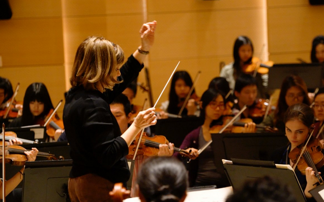 JoAnn Falletta in rehearsal with the Mannes Orchestra