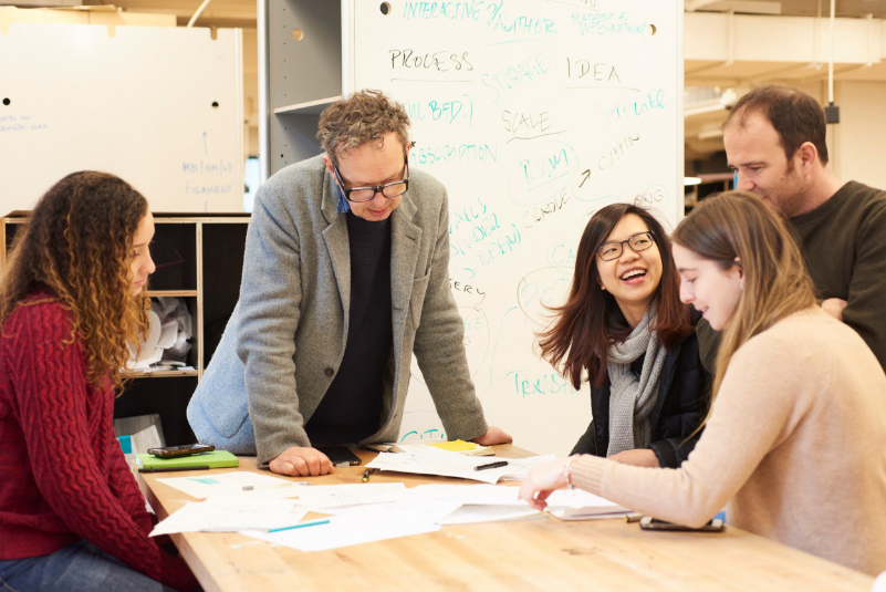 Gloria Meija, BFA Fashion Design '18; Tom Dixon; Eva Foo, MFA Industrial Design '18; James Futcher and Miranda Garrido, MFA Industrial Design '18 work together during a recent four-day workshop at The New School's Parsons School of Design.