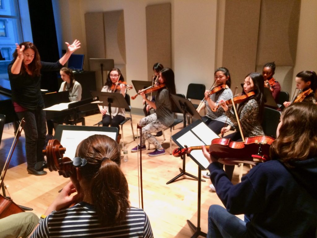 Mannes Prep students in rehearsal for their performance at the Women in the World summit