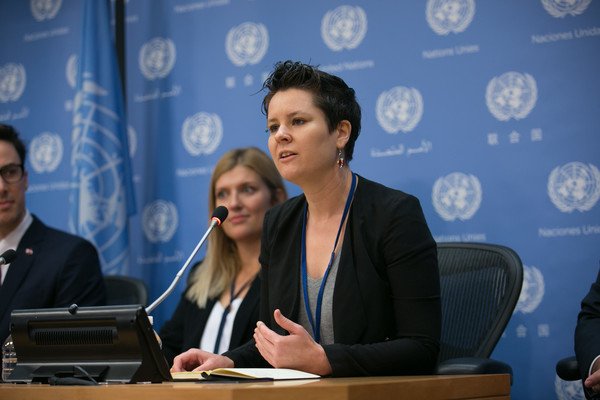 Ray Acheson, MA  Politics '14, at a press conference for the International Campaign to Abolish Nuclear Weapons (ICAN) at the United Nations, after ICAN won the Nobel Peace Prize. (Photo/ Kevin Hagen