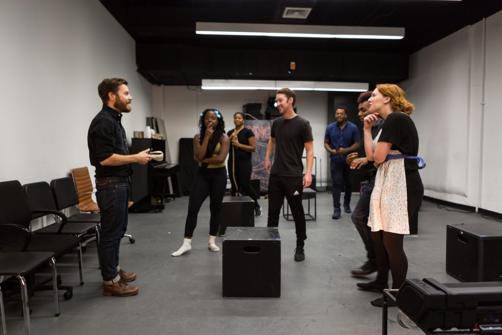 Jimmy Maize works with MFA Drama students as part of Drama's recent partnership with Tectonic Theater Project.