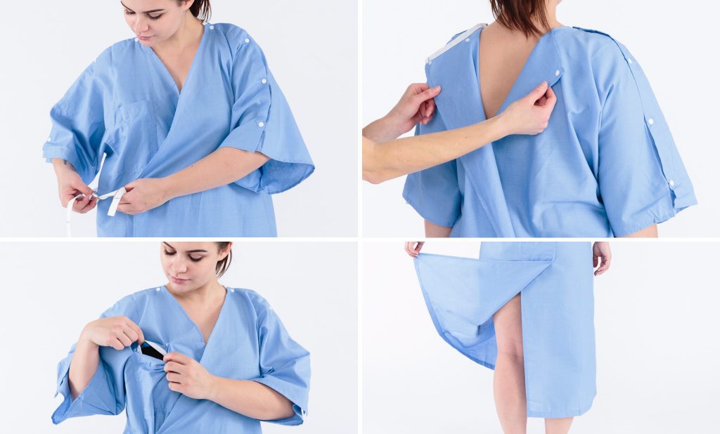 Multiple views of The Patient Gown. Photos by Sophie Barkham