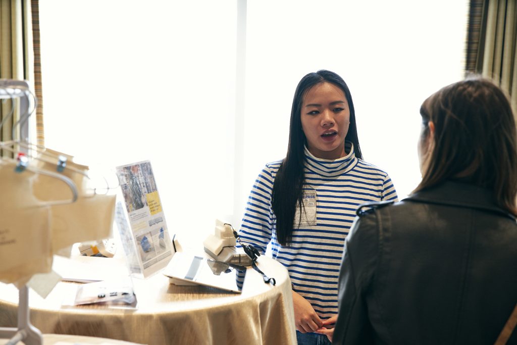 Julia Liao, Product Design ‘17, presents accessories and a garment she created for Christina Mallon as part of the Open Style Lab at #SXSW. (Photo/Killian Son)