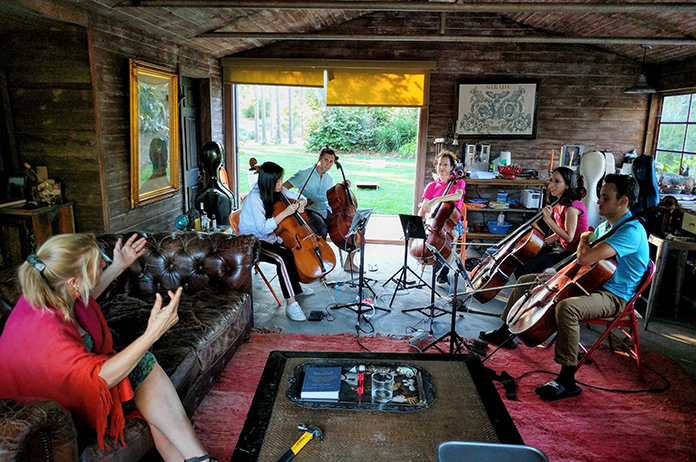 Cornelia Funke, foreground, with L-R: Bingyi Li, Julian Müller, Matt Haimovitz, Shulamit Sarid, and Yann Chemali