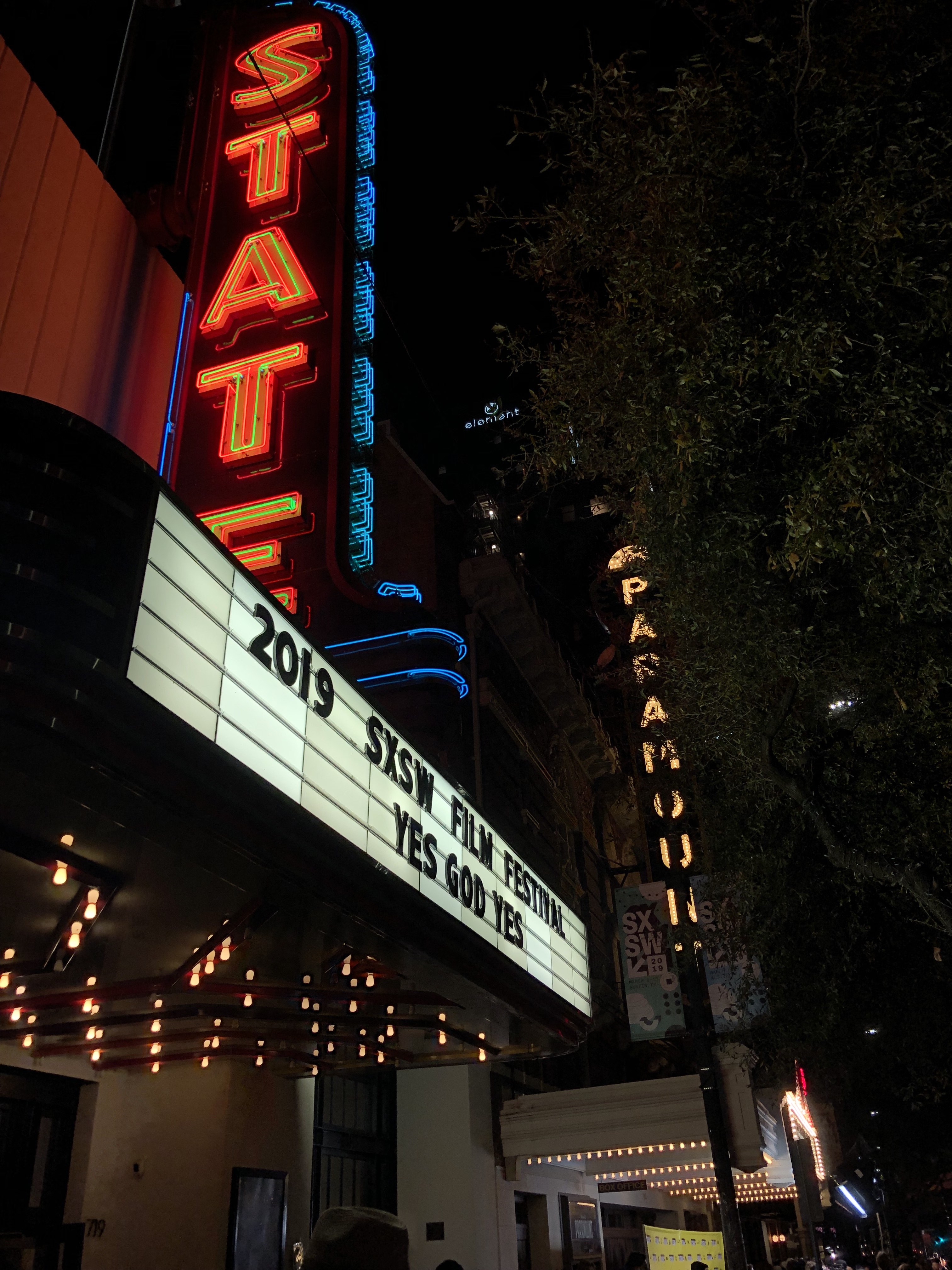 The marquee sign at the Stateside Theatre in Austin, Texas, featuring Lang alum Karen Maine's film 