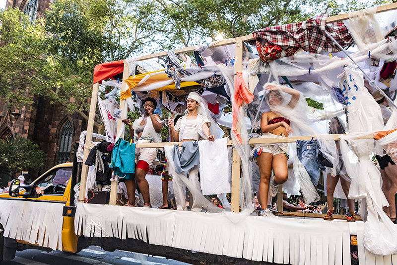 The float was designed by a Parsons class called “Queering Space” to facilitate the “transformation of normative space through performance” 