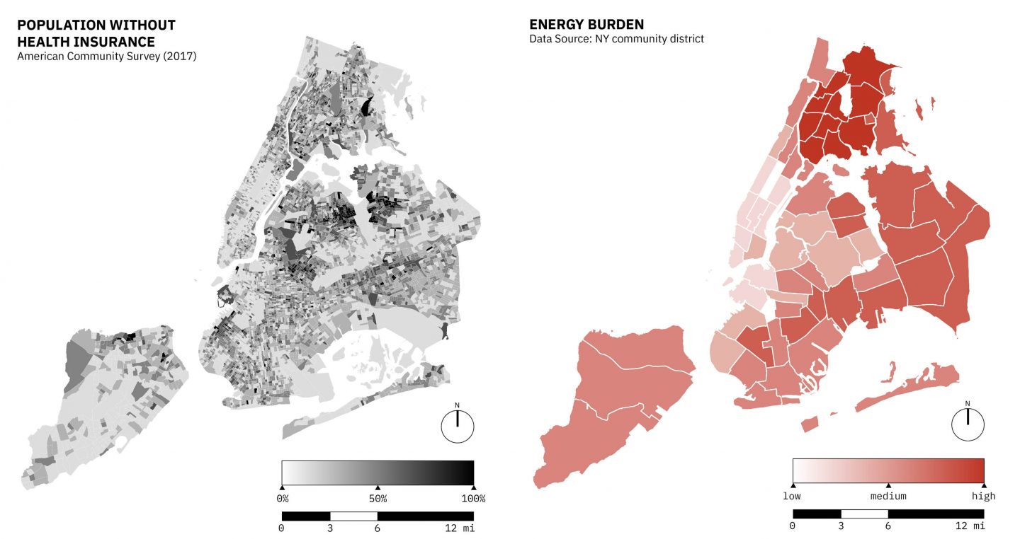 Population in NYC Without Health Insurance. Source: American Community Survey (2017). Right: Energy Burden in NYC. Research shows that heat vulnerability and energy burden will disproportionately impact socially vulnerable communities that do not have consistent access to air conditioning. Maps developed by Pablo Herreros,  Ahmed Mustafa, Timon McPhearson, Luis Ortiz, Claudia Tomateo, and others on the USL Team.
