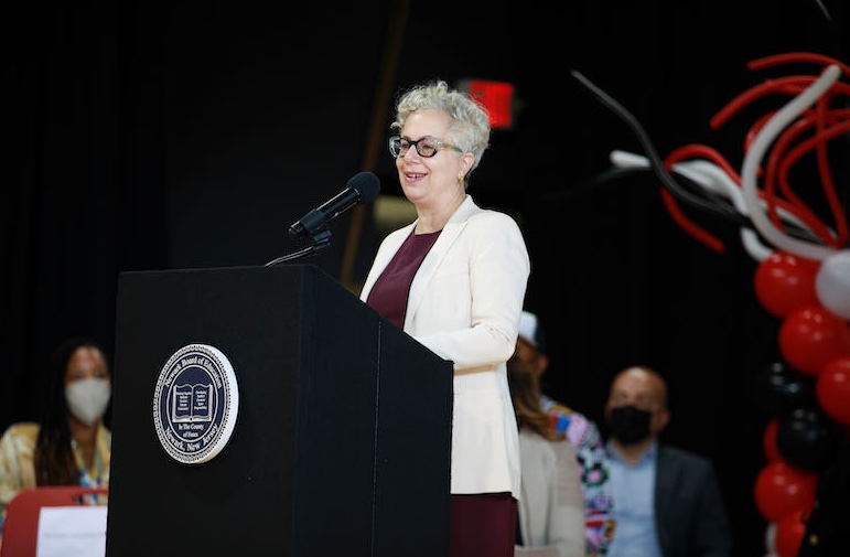 Rachel Schreiber, Executive Dean of Parsons, speaks at the opening of the Newark School of Fashion and Design