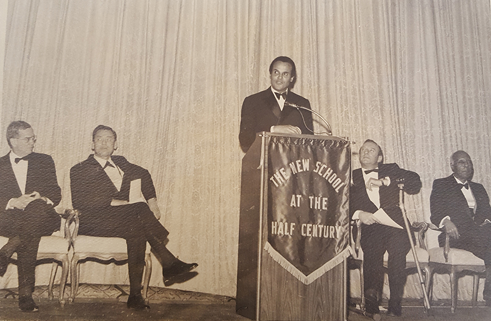 Harry Belafonte addresses guests at the Half Century Convocation. Belafonte was a student in The New School's Dramatic Workshop. (image courtesy of The New School Archives)